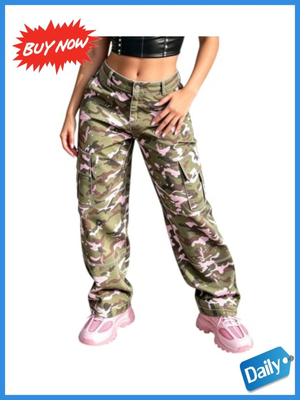 Womens Camo Cargo Pants 95% Polyester High Waist Wide Leg Baggy Trousers
